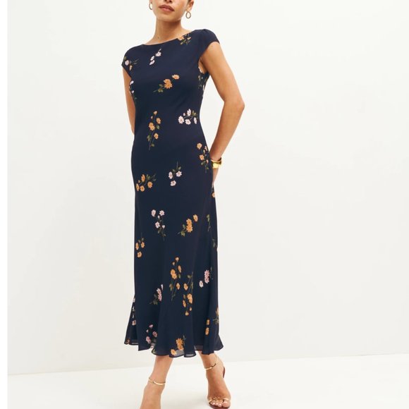 Reformation Navy Floral Midi Dress - Picture 3 of 10